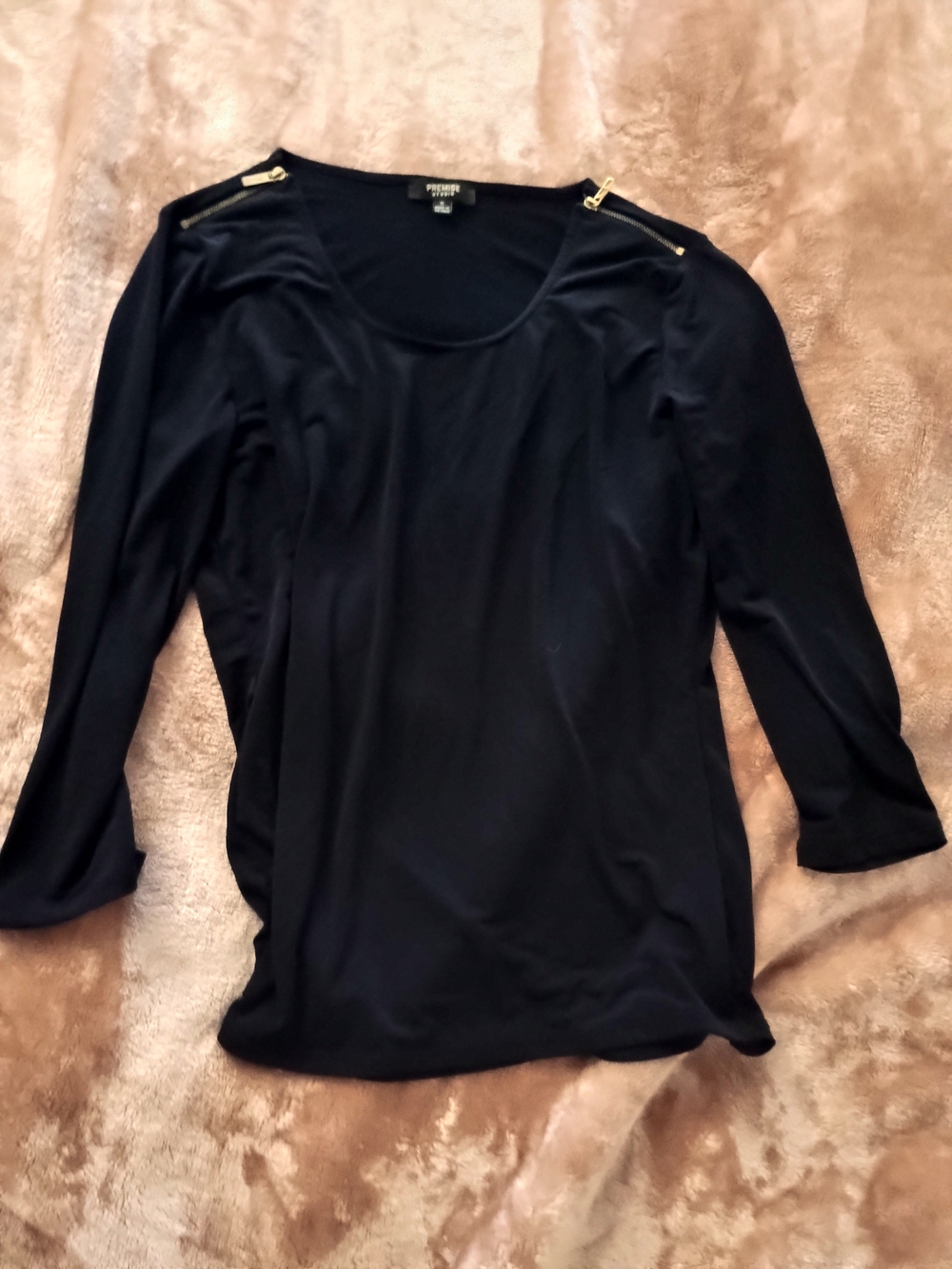 Premise Black Long-Sleeve Scoop Neck Top with Gold Zip Shoulder Accents
